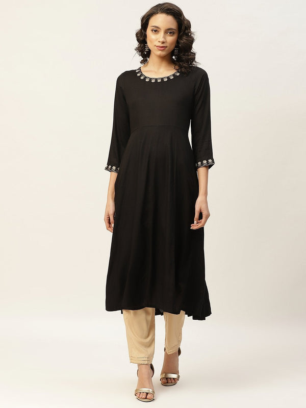 Women's Black Zari Neck Embroidery Anarkali Kurta - SHAE