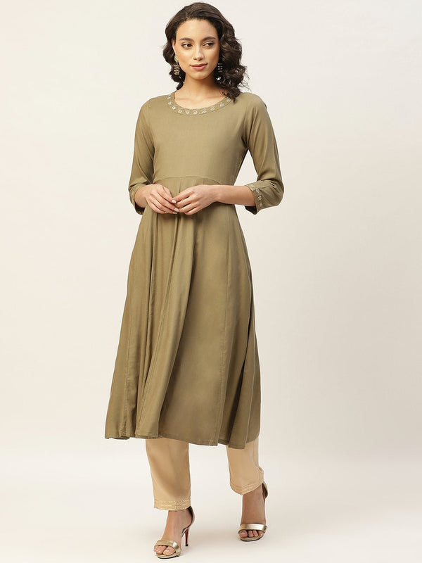 Women's Olive Zari Neck Embroidery Anarkali Kurta - SHAE