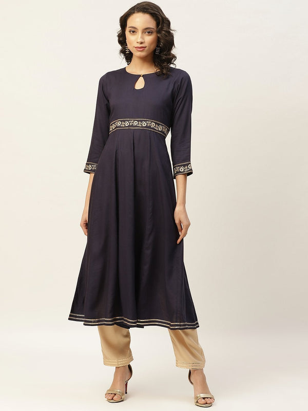 Women's Navy Embroidered Waist Anarkali Kurta - SHAE