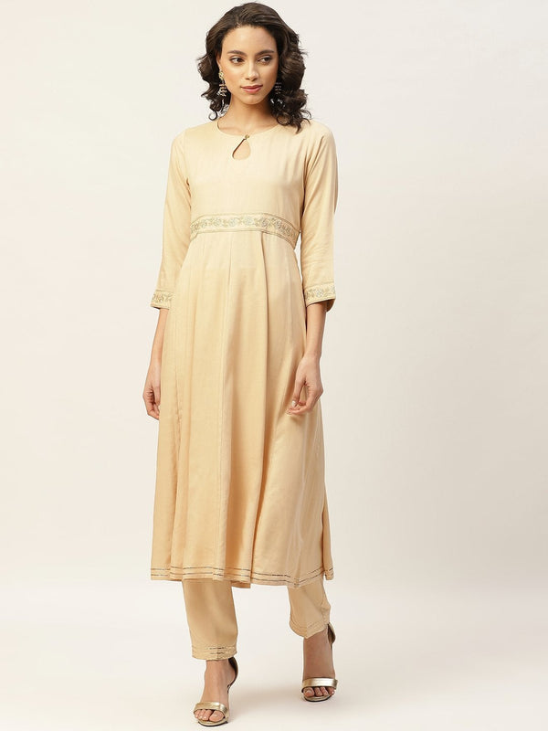 Women's Beige Embroidered Waist Anarkali Kurta - SHAE