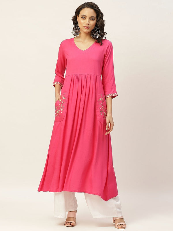 Women's Fuchsia Pocket Embroidered Gathered Kurta - SHAE