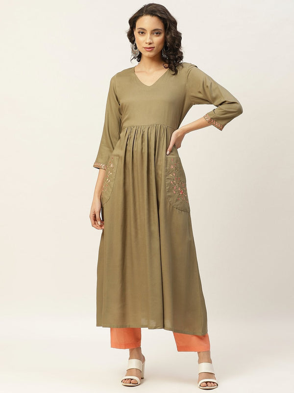 Women's Olive Pocket Embroidered Gathered Kurta - SHAE