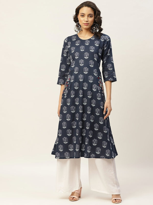 Women's Navy Lotus Floral Pocket Embroidery Kurta - SHAE