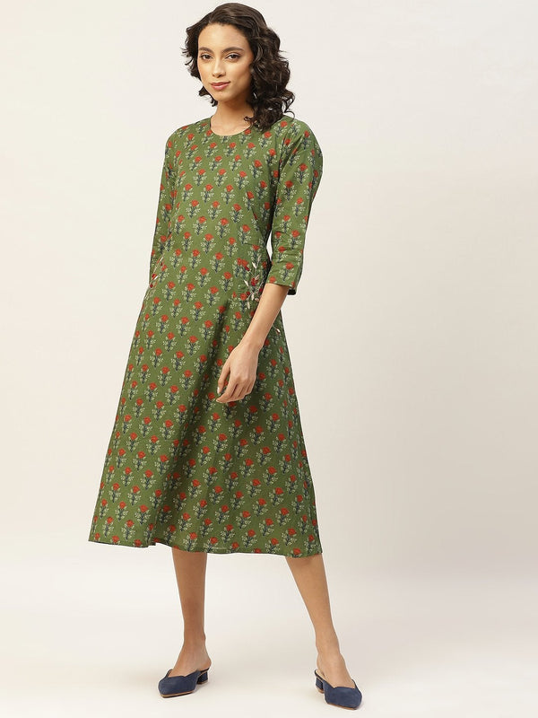 Women's Olive Floral Pocket Embroidery Kurta - SHAE