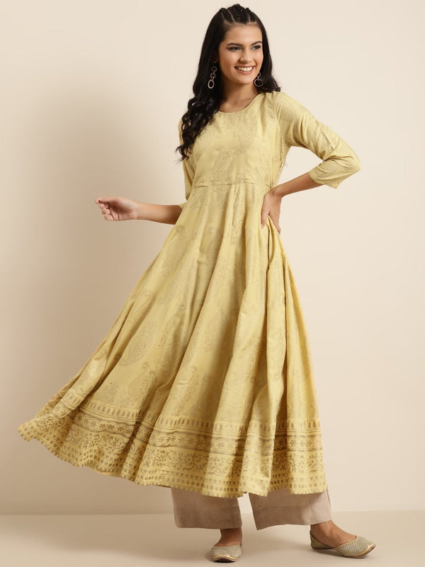 Women's Golden Paisely Foil Print Anarkali Kurta - SHAE