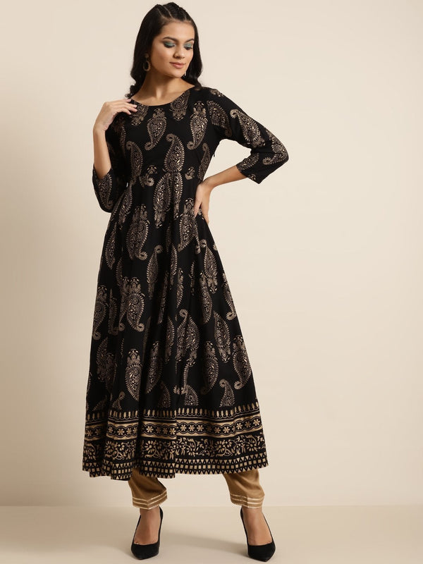 Women's Black Paisely Foil Print Anarkali Kurta - SHAE