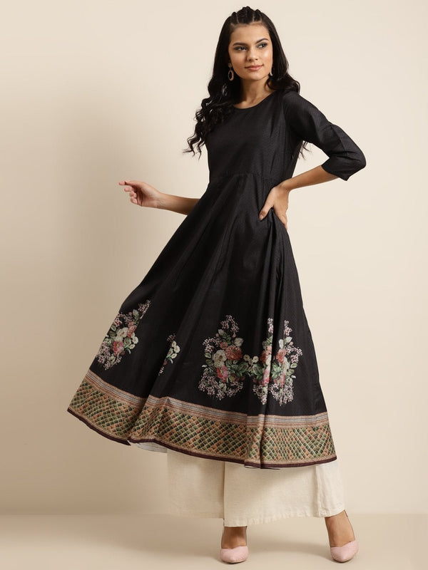 Women's Black Floral Kali Kurta - SHAE