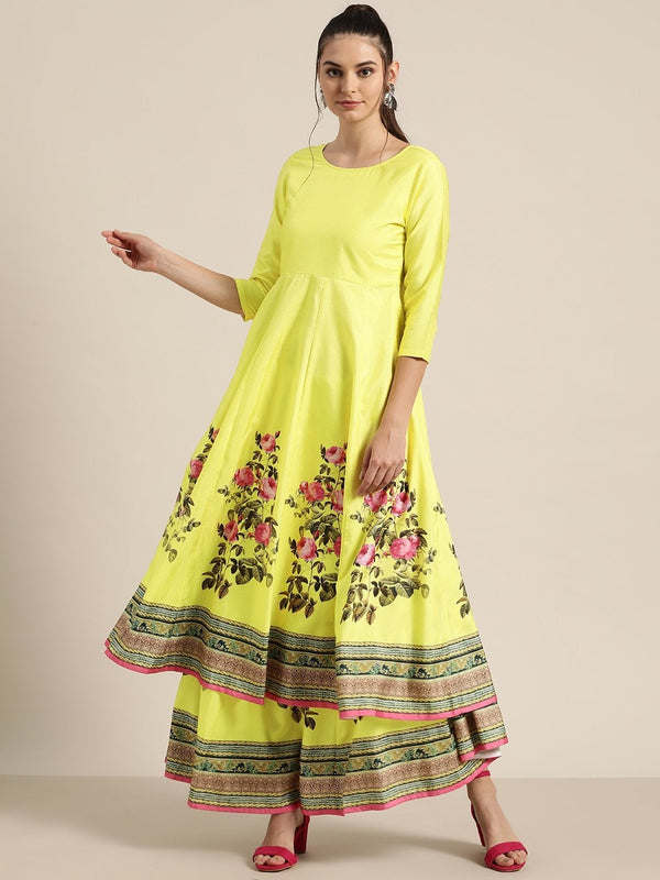 Women's Yellow Floral Kali Kurta - SHAE