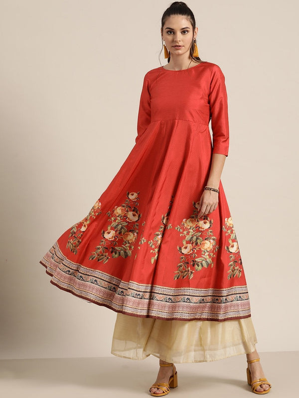 Women's Red Floral Kali Kurta - SHAE