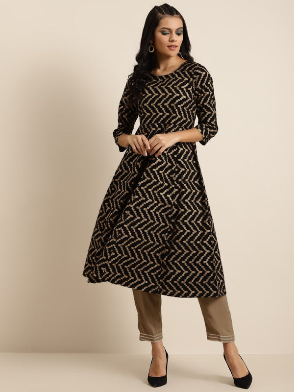 Women's Black Foil Chevron Anarkali Midi Kurta - SHAE