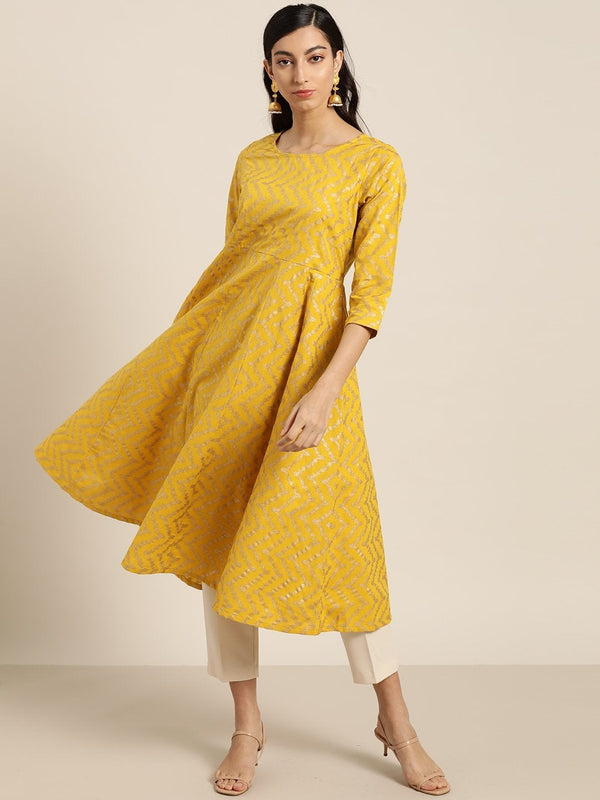 Women's Yellow Foil Chevron Anarkali Midi Kurta - SHAE