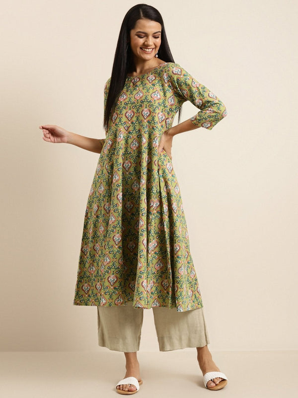 Women's Green Floral Anarkali Midi Kurta - SHAE