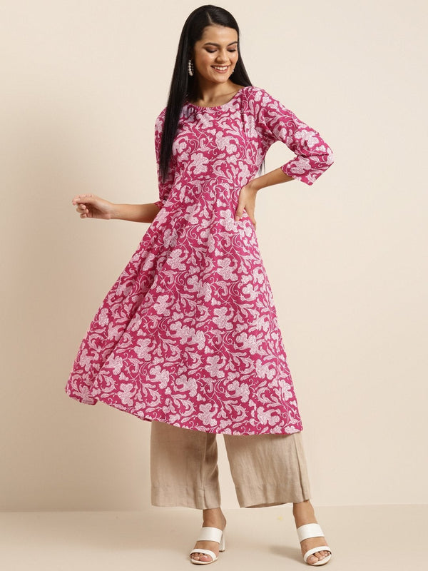 Women's Fuchsia Floral Anarkali Midi Kurta - SHAE