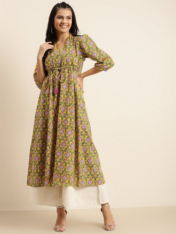 Women's Yellow Floral Drawstring Kurta - SHAE