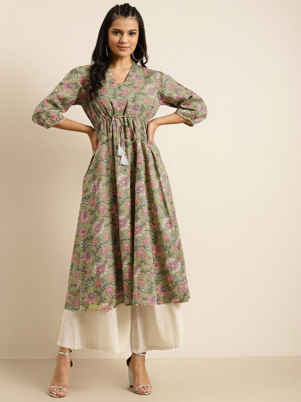 Women's Green Floral Drawstring Kurta - SHAE