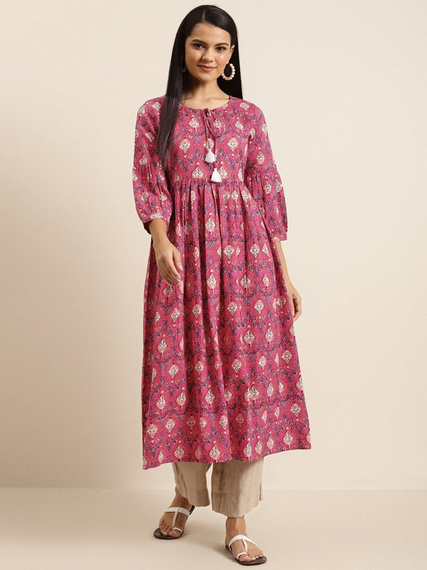 Women's Fuchsia Floral Gathered Kurta - SHAE