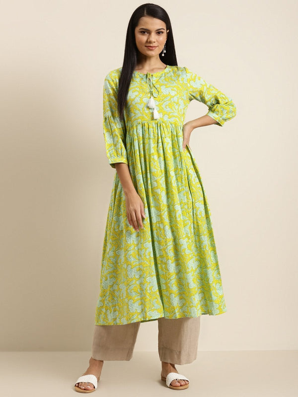 Women's Yellow Floral Gathered Kurta - SHAE