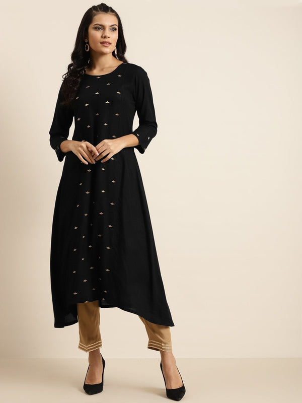 Women's Black A-Line Zari Embroidery Kurta - SHAE