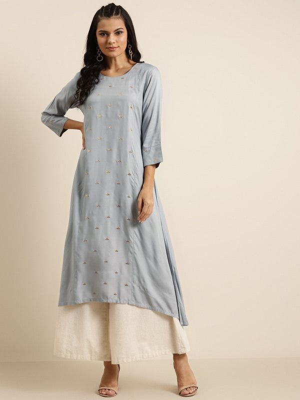 Women's Grey A-Line Zari Embroidery Kurta - SHAE