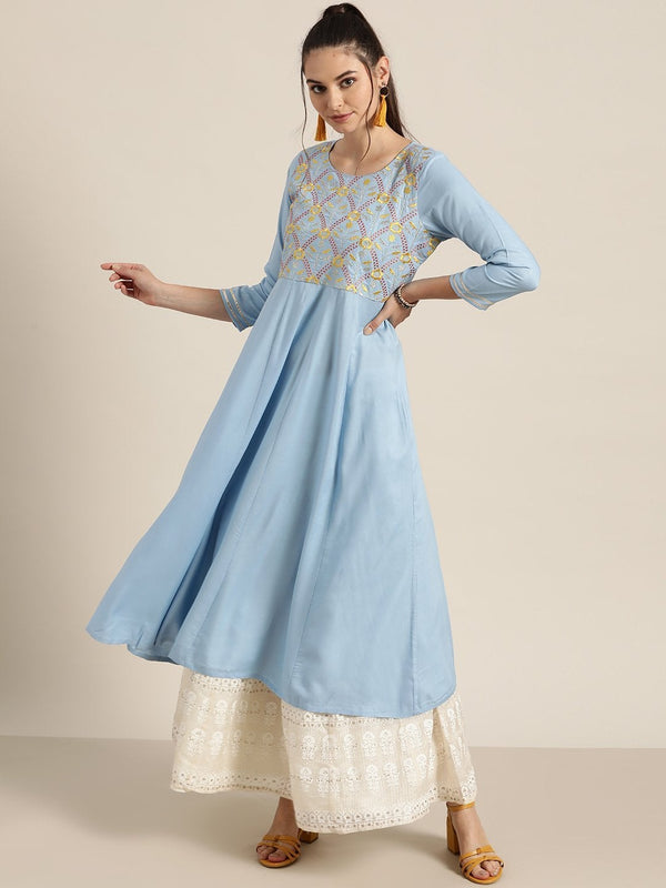 Women's Blue Floral Embroidery Anarkali Kurta - SHAE