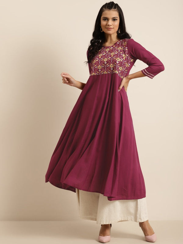 Women's Burgundy Floral Embroidery Anarkali Kurta - SHAE