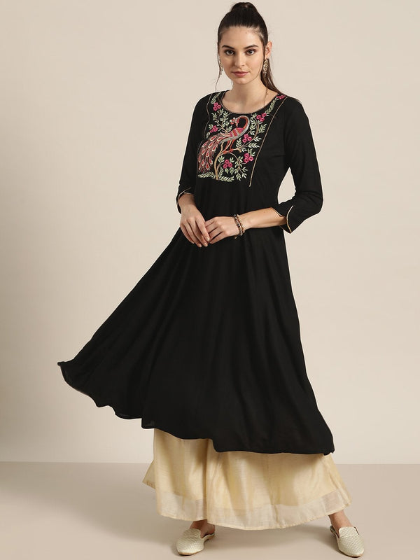 Women's Black Peacock Motif Embroidery Anarkali Kurta - SHAE