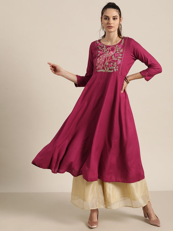 Women's Burgundy Peacock Motif Embroidery Anarkali Kurta - SHAE