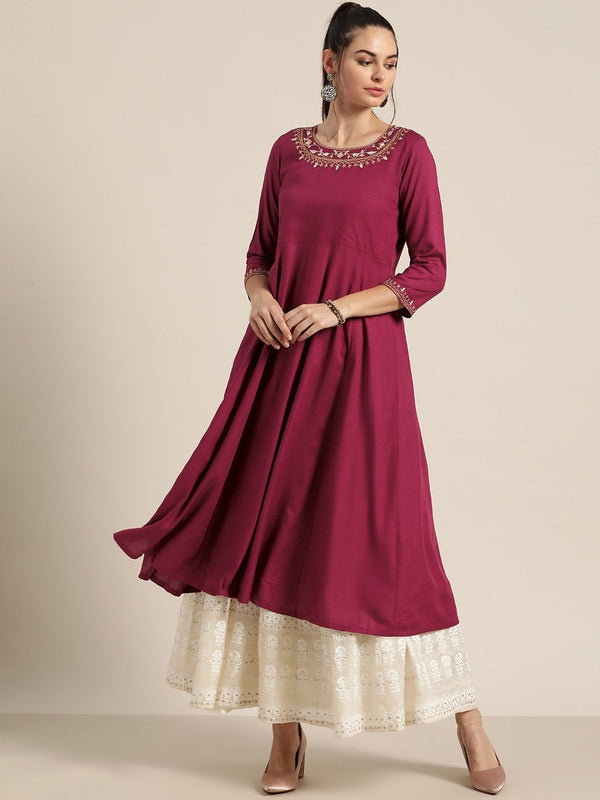 Women's Burgundy Neck Embroidery Anarkali Kurta - SHAE