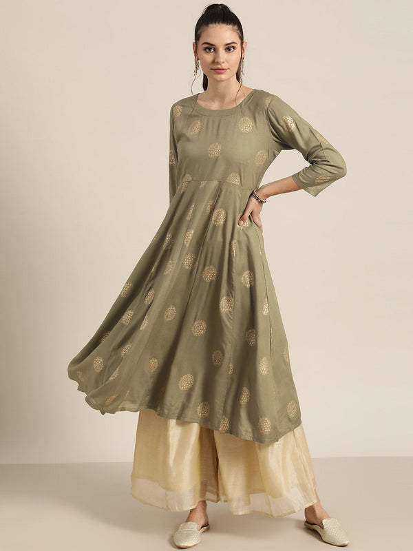 Women's Olive Chakra Foil Anarkali Kurta - SHAE