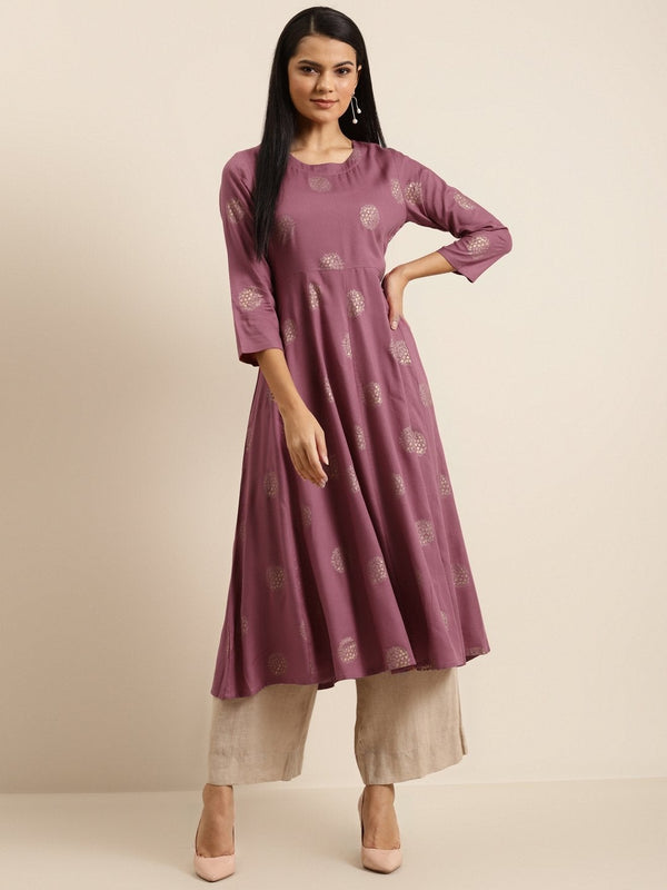 Women's Baked Pink Chakra Foil Anarkali Kurta - SHAE