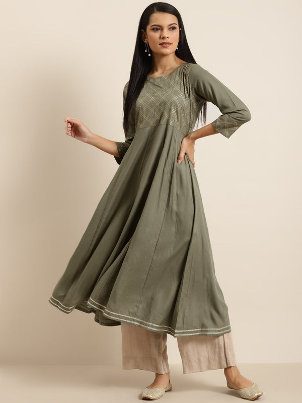 Women's Olive Hand Work Embroidery Anarkali Kurta - SHAE