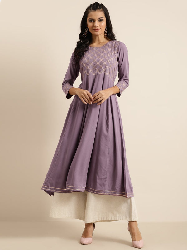 Women's Lavender Hand Work Embroidery Anarkali Kurta - SHAE