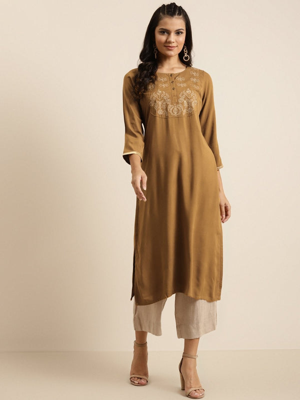 Women's Mustard Button Placket Embroidery Straight Kurta - SHAE