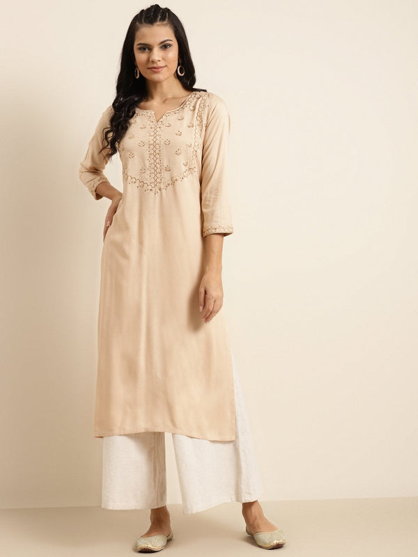 Women's Beige V-Slit Embroidery Straight Kurta - SHAE