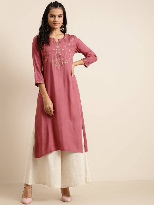 Women's Pink V-Slit Embroidery Straight Kurta - SHAE