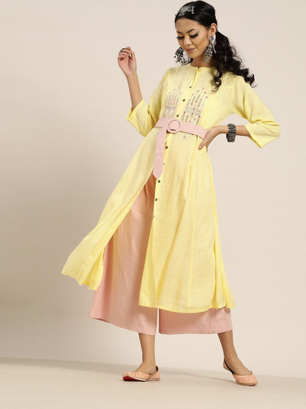 Women's Yellow Front Embroidery A-Line Kurta - SHAE