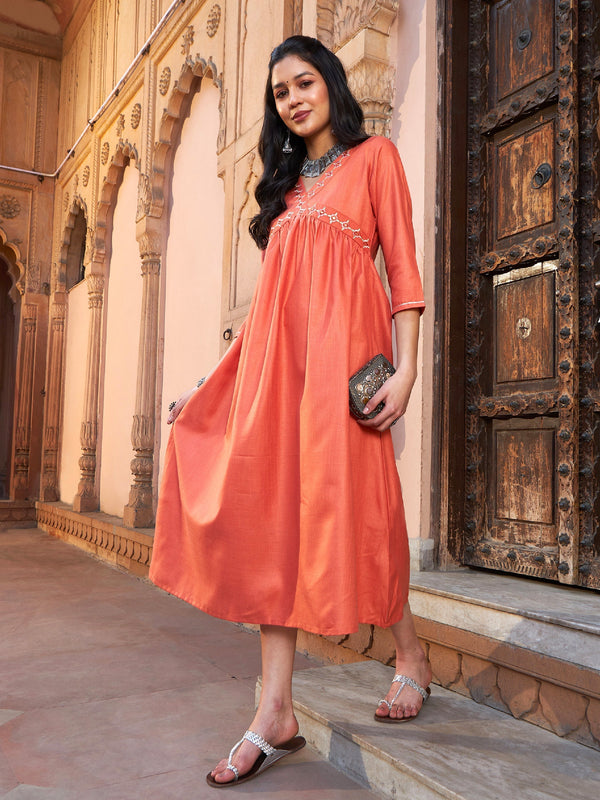 Women's Rust Embroidered Slant Empire Seam Kurta - SASSAFRAS