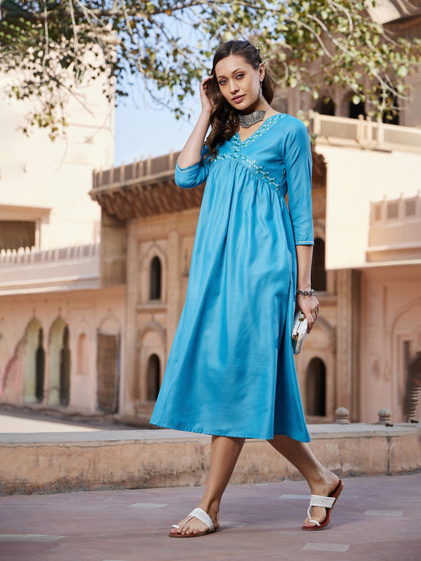 Women's Teal Embroidered Slant Empire Seam Kurta - SASSAFRAS