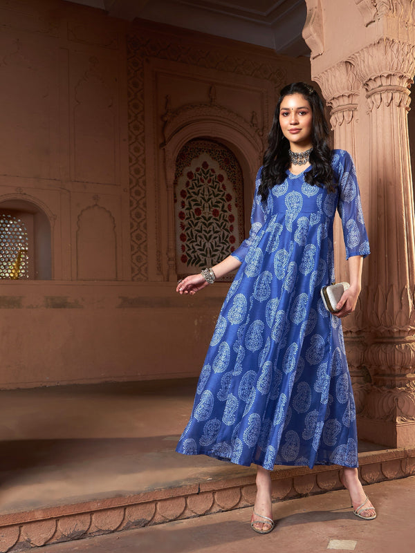 Women's Blue Chanderi Paisley Long Anarkali Kurta - Lyush