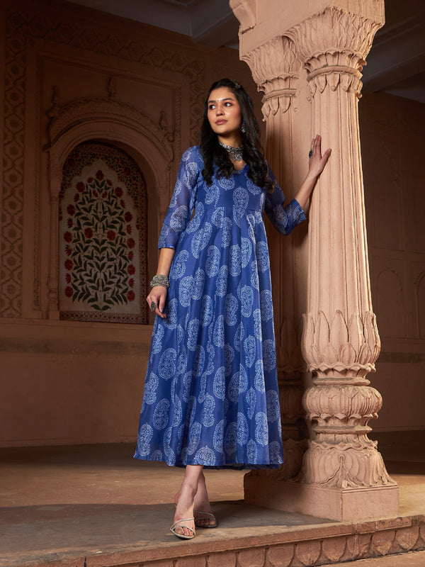 Women's Blue Chanderi Paisley Long Anarkali Kurta - SASSAFRAS