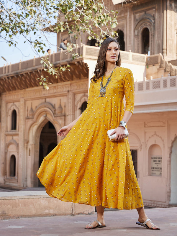 Women's Yellow Lotus Floral Long Anarkali Kurta - Lyush