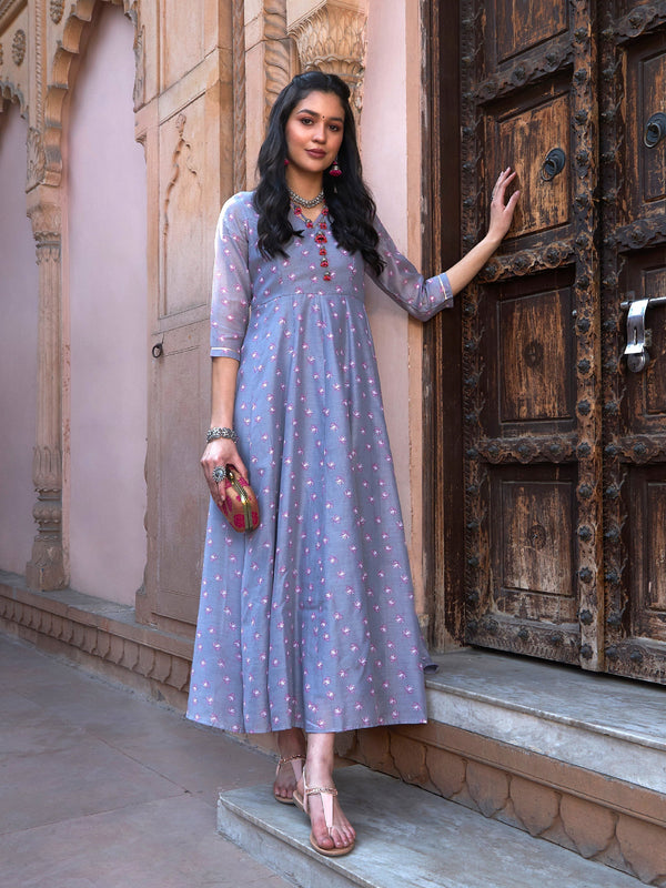 Women's Grey Lotus Floral Long Anarkali Kurta - SASSAFRAS