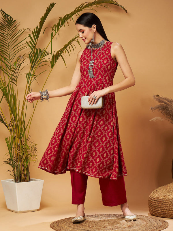 Women's Maroon Floral Box Back Detail Anarkali Kurta - Lyush