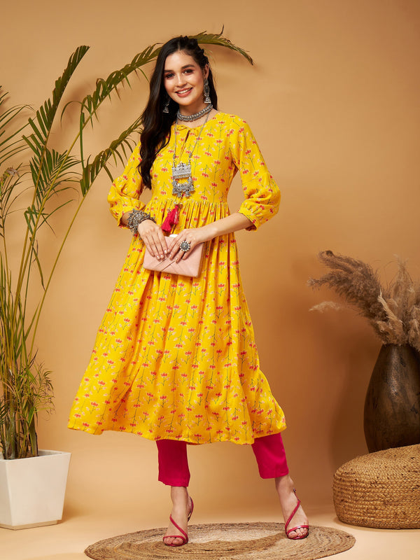 Women's Yellow Floral Bishop Sleeves Tie-Up Kurta - Lyush