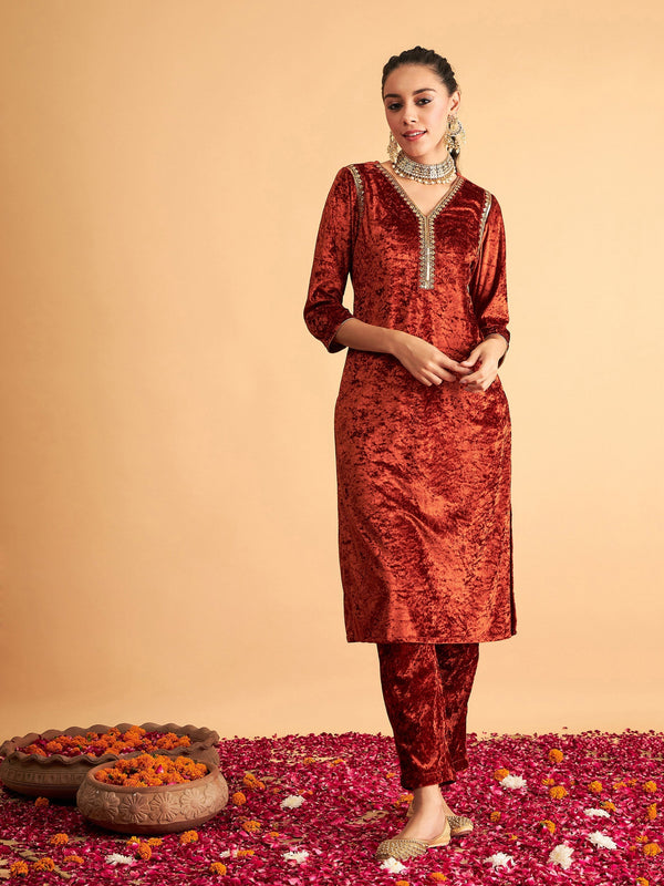 Women's Rust Velvet Embroidered Straight Kurta - Lyush