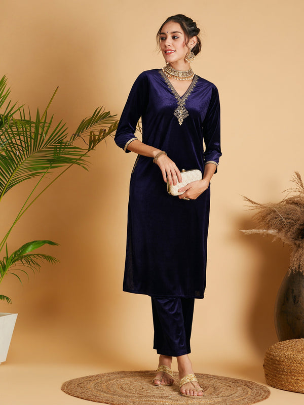 Women's Navy Velvet Embroidered Pocket Straight Kurta - Lyush