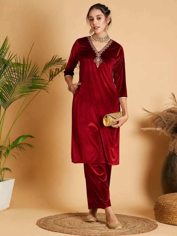 Women's Maroon Velvet Embroidered Pocket Straight Kurta - Lyush