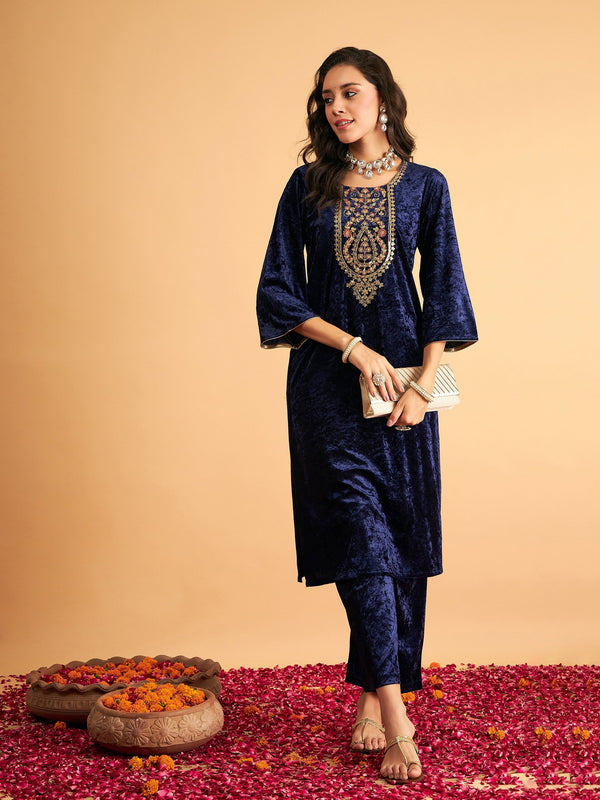 Women's Navy Blue Velvet Sequence Embroidered Straight Kurta - Lyush