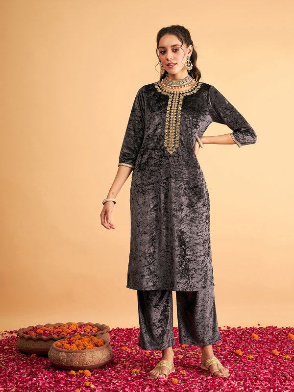 Women's Grey Embroidered Straight Kurta - Lyush