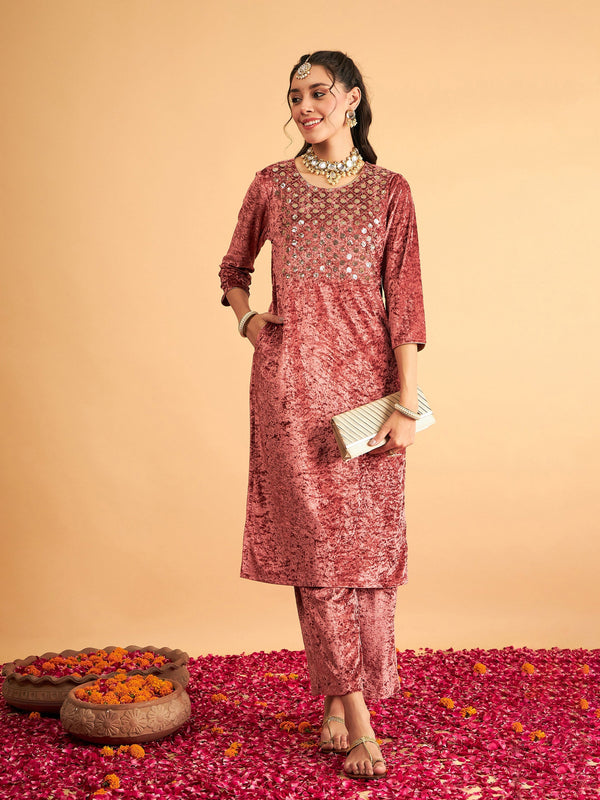 Women's Pink Velvet Front Embroidered Straight Kurta - Lyush